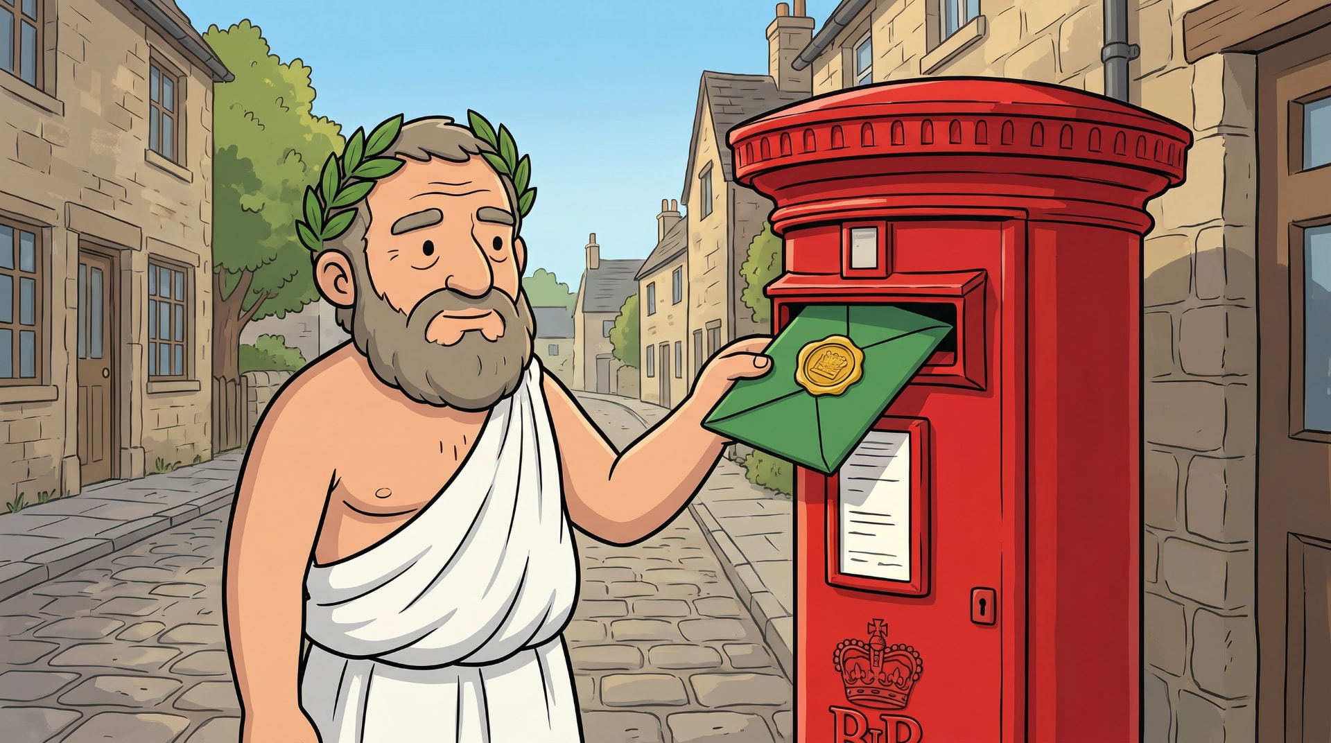 A stoic philosopher posting a letter at a red pillar box
